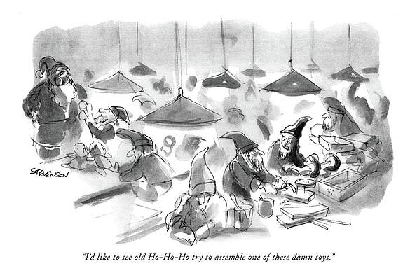 Santa Claus Wall Art featuring the drawing I'd Like To See Old Ho-ho-ho Try To Assemble One by James Stevenson