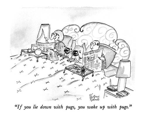 Elderly Couple with Pugs in Bed Drawing