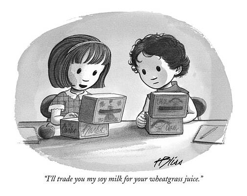 Juice Wall Art featuring the drawing I'll Trade You My Soy Milk For Your Wheatgrass by Harry Bliss