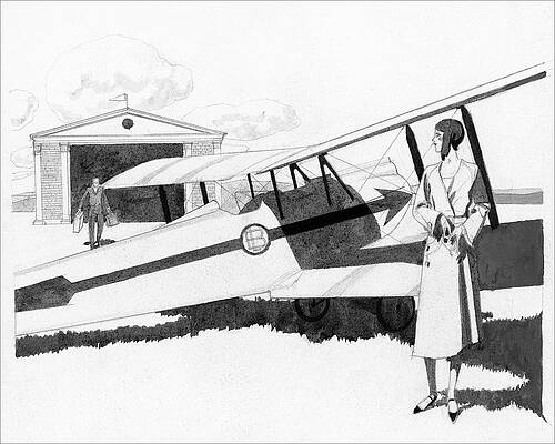 Passenger Wall Art featuring the digital art Illustration Of A Woman Standing Next To A Biplane by Pierre Mourgue