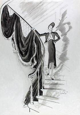 Elsa Schiaparelli on Elegant Staircase Photograph