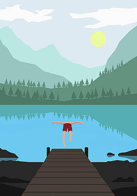 Wall Art featuring the digital art Illustration Of Man Diving Into Lake by Malte Mueller