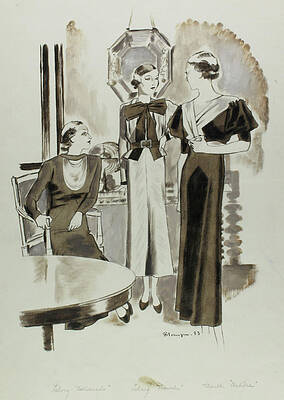 Reflection Digital Art - Illustration Of Three Women Wearing Day Dresses by Pierre Mourgue