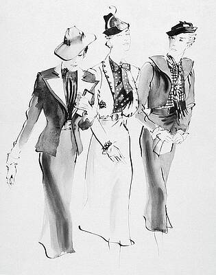 Pattern Digital Art - Illustration Of Three Women Wearing Skirt Suit by Rene Bouet-Willaumez
