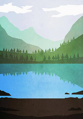 Wall Art featuring the digital art Illustrative Image Of Lake And Mountains by Malte Mueller