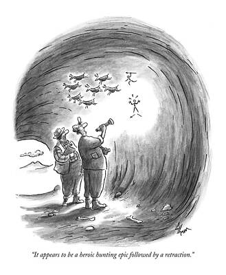 Stone Wall Art featuring the drawing It Appears To Be A Heroic Hunting Epic Followed by Frank Cotham