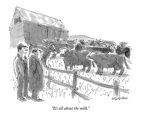 Cow Wall Art featuring the drawing It's All About The Milk by James Stevenson