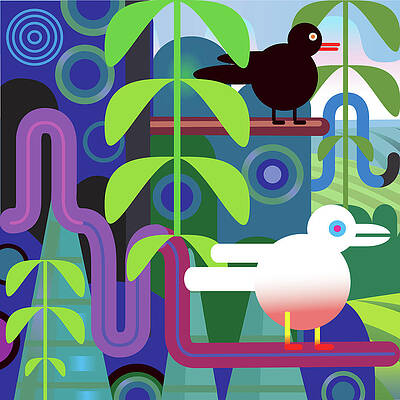 Colorful Birds in a Geometric Jungle Wall Art