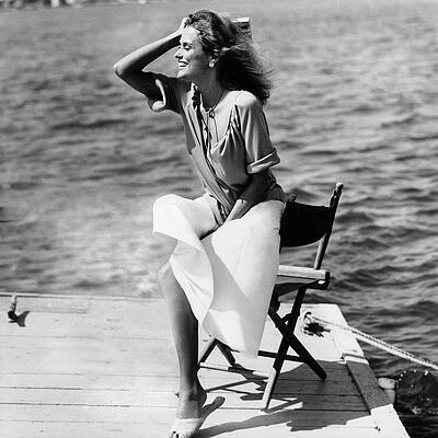 Happy Photograph - Lauren Hutton Wearing A Top And Poplin Skirt by Albert Watson