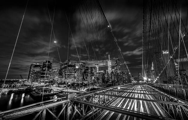 America Photograph - Leaving New York City Via The Brooklyn Bridge Black And White by David Morefield