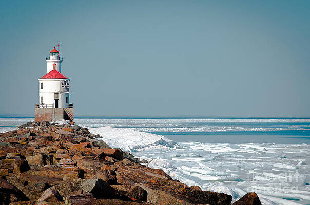 Wall Art featuring the photograph Lighthouse On Stone And Ice by Duluth To Door County Photography