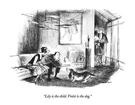 Anniversary Wall Art featuring the drawing Lily Is The Child. Violet Is The Dog by Charles Saxon