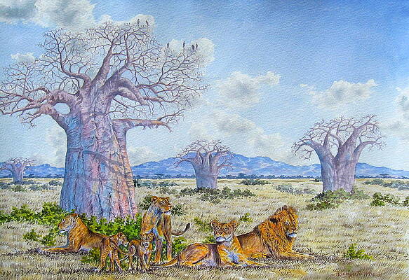 Kenya Wall Art featuring the painting Lions By The Baobab by Joseph Thiongo