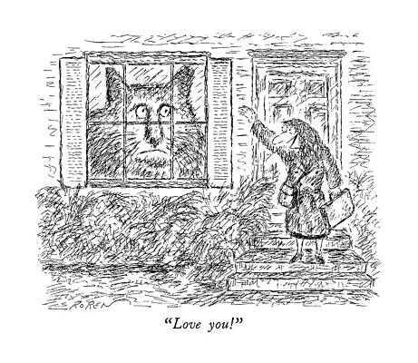 Woman Waves to Cat Through Window Drawing