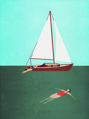 Wall Art featuring the digital art Man And Woman Swimming In Sea By Boat by Malte Mueller