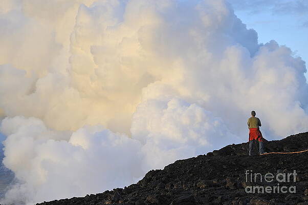 Cloud Photograph - Man Contemplating Clouds Of Steam On Volcano by Sami Sarkis Photography