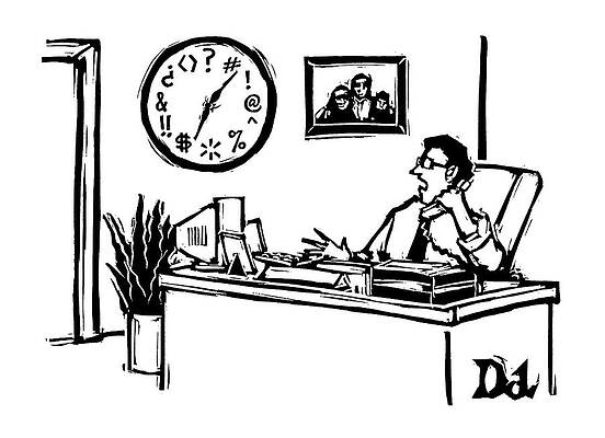 Symbol Drawing - Man In Office Looking At A Clock And The Numbers by Drew Dernavich