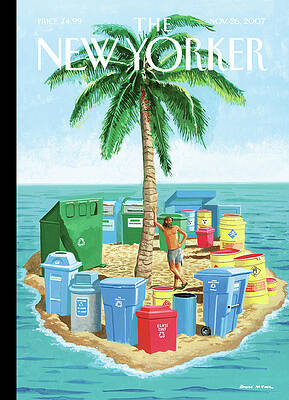 Man Surrounded by Trash Bins on Island Painting