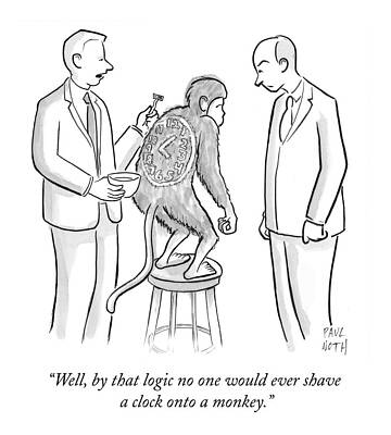 Clock Drawing - Man Shaving A Clock Onto A Monkey's Back by Paul Noth