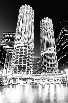 Illinois Wall Art featuring the photograph Marina City Towers At Night Black And White Picture by Paul Velgos