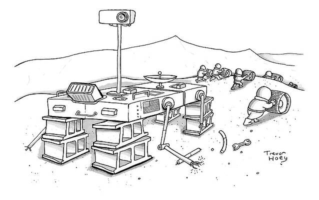 Alien Wall Art featuring the drawing Martians Are Stealing The Tires On A Martian by Trevor Hoey