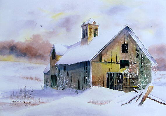 Snowy Barn in Winter Landscape Painting