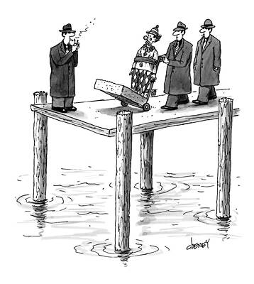 Wall Art featuring the drawing Mobsters Wheel Out A Clown With A Long Block by Tom Cheney