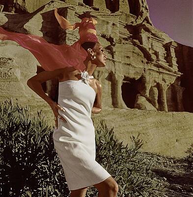 Desert Photograph - Model In White Linen Dress At Petra by Henry Clarke