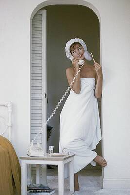 Fashion Model with Telephone in Towel Photograph
