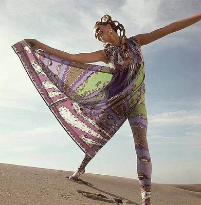 Desert Photograph - Model Wearing A Green And Purple Print Dress by Henry Clarke