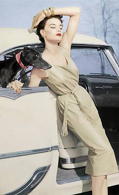 Model with Dogs and Vintage Car Photograph