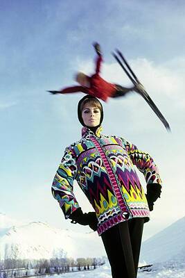 Mountain Photograph - Model Wearing A Print Jacket Under A Jumping by Peter Beard