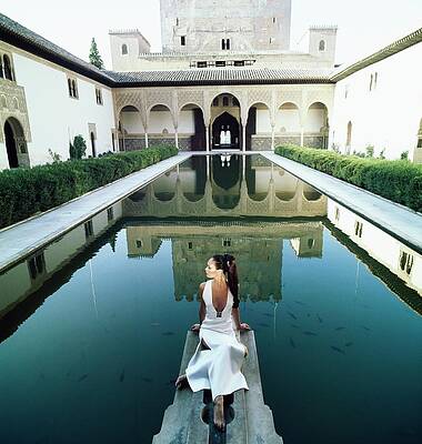 Wall Art featuring the photograph Model Wearing A White Pertegaz Dress by Raymundo de Larrain