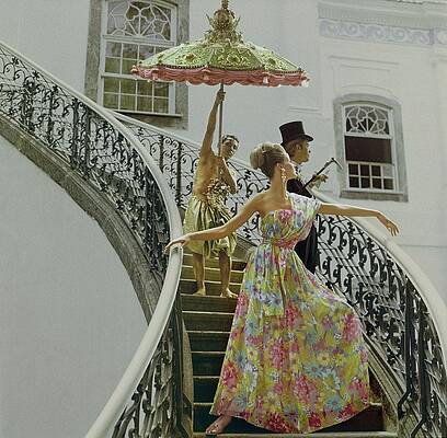 Staircase Photograph - Model Wearing Nat Kaplan Dress On Staircase by Henry Clarke