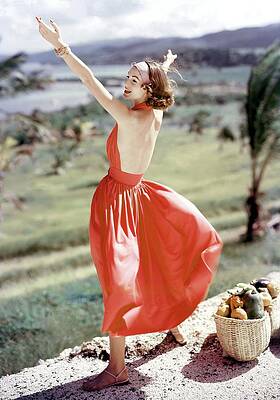 Woman in Red Dress by Tropical Landscape Photograph