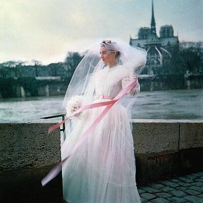 Landscape Architecture Wall Art featuring the photograph Model Wearing Wedding Dress In France by Karen Radkai