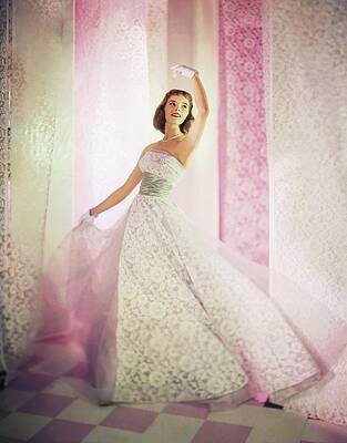 Lace Wall Art featuring the photograph Model Wearing White Lace Dress by Horst P. Horst