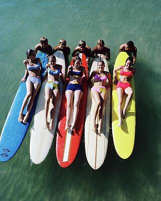 Colorful Surfboards and Sunbathers at Sea Wall Art