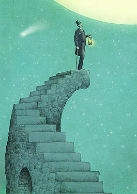 Man on Staircase Under Moonlight Wall Art