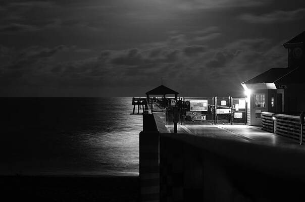 Moody Wall Art featuring the photograph Moonlit Pier Black And White by Laura Fasulo