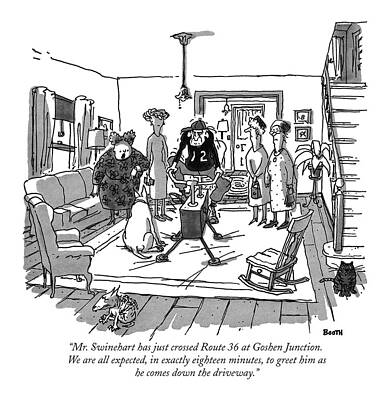 Watching Drawing - Mr. Swinehart Has Just Crossed Route 36 At Goshen by George Booth