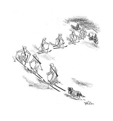 Skiers and Rescue Dog in Snow Drawing