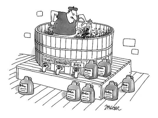 Man Stomping Grapes in Wine Barrel Drawing