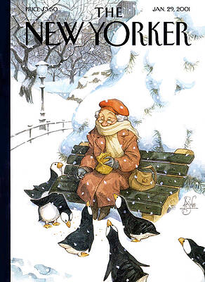 Winter Scene with Woman and Penguins Wall Art