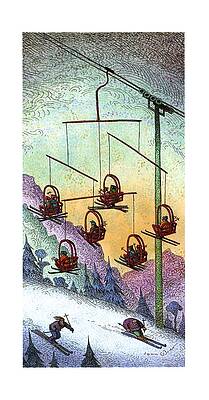 Skiers under Intricate Sky Lift Drawing