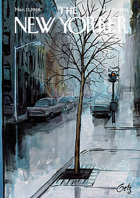Rainy City Street with Bare Tree Wall Art