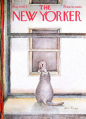 Curious Cat and Small Dog at Window Painting