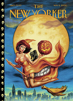 Witch Flying Over City Skyline Wall Art