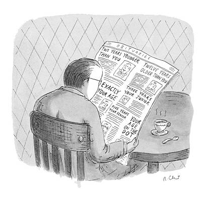 Man Reads Obituaries at Cafe Drawing