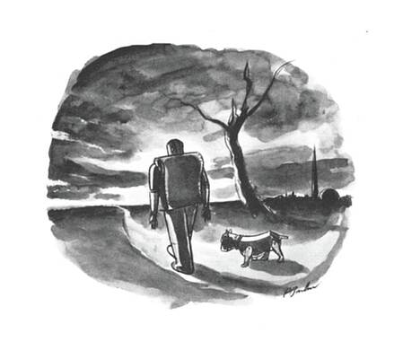 Robot and Dog Strolling at Sunset Drawing